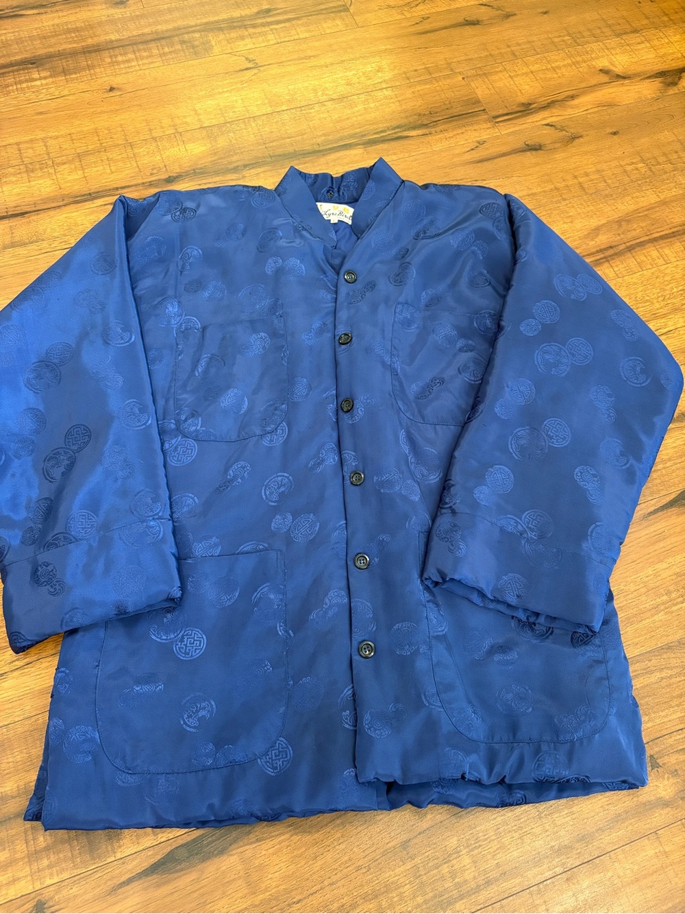 Lyrebird 100% Silk Mandarin Jacket Blue Large Jacquard Medallion Loungewear